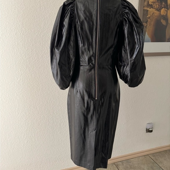 Rotate Birger Christensen Irina Faux Leather Knee Length Dress Puff Sleeves Sz 6 - Picture 12 of 12